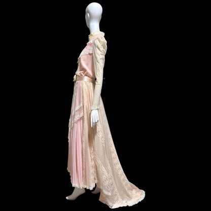 1970s vintage Wedding dress gown, Victorian Edwardian Inspired PINK Bohemian gown, Medium