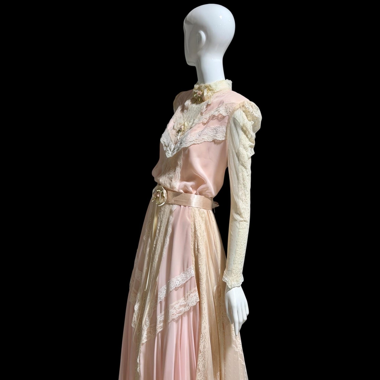 1970s vintage Wedding dress gown, Victorian Edwardian Inspired PINK Bohemian gown, Medium