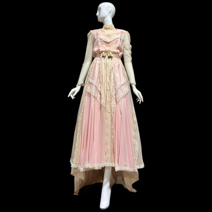 1970s vintage Wedding dress gown, Victorian Edwardian Inspired PINK Bohemian gown, Medium