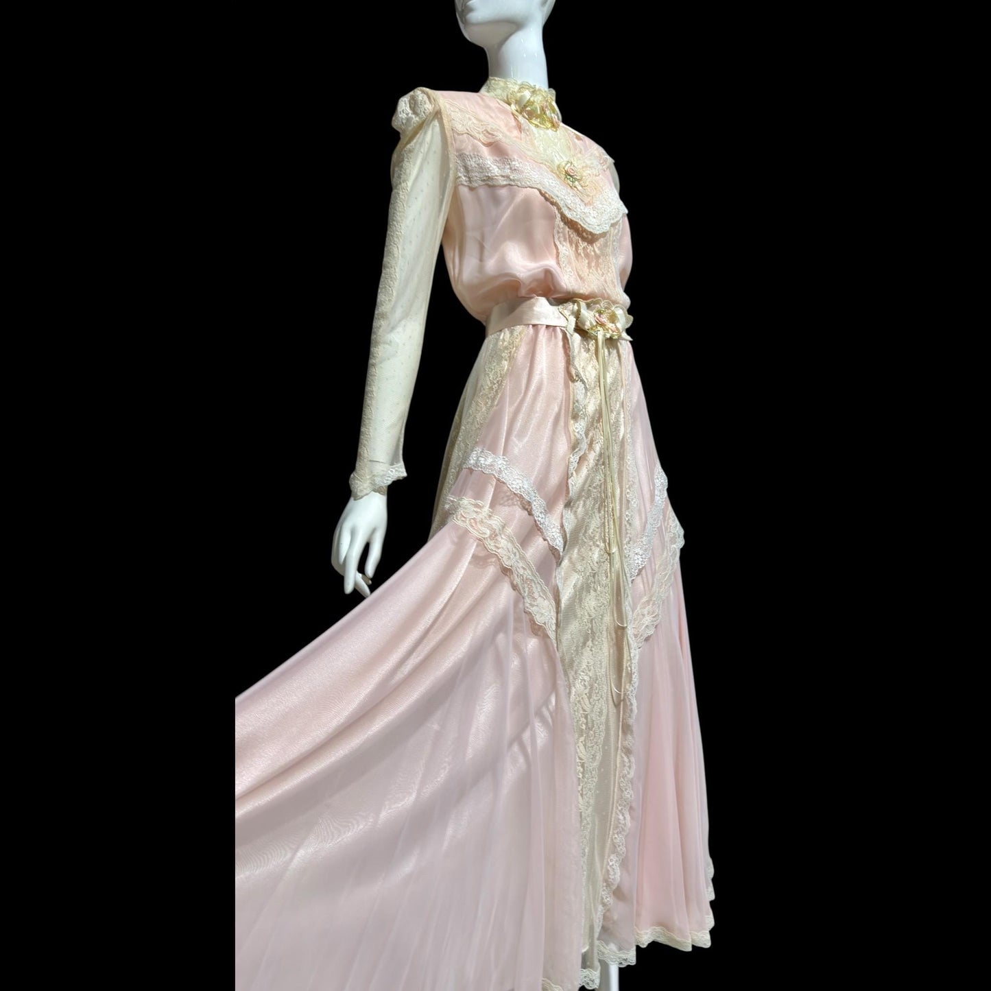 1970s vintage Wedding dress gown, Victorian Edwardian Inspired PINK Bohemian gown, Medium