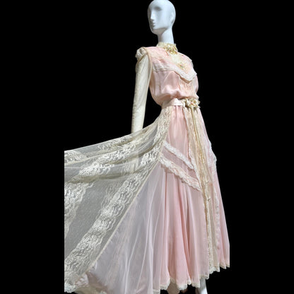 1970s vintage Wedding dress gown, Victorian Edwardian Inspired PINK Bohemian gown, Medium
