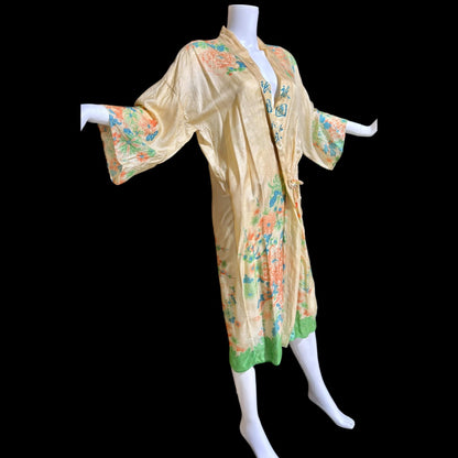 1920s vintage dressing gown robe, Ponge silk floral flapper style duster housecoat lingerie dress