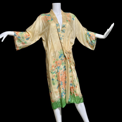 1920s vintage dressing gown robe, Ponge silk floral flapper style duster housecoat lingerie dress
