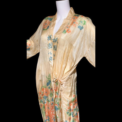 1920s vintage dressing gown robe, Ponge silk floral flapper style duster housecoat lingerie dress