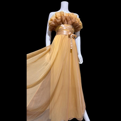 VANITY FAIR vintage nightgown slip dress, 1950s caramel sheer chiffon ruffles Grecian goddess gown