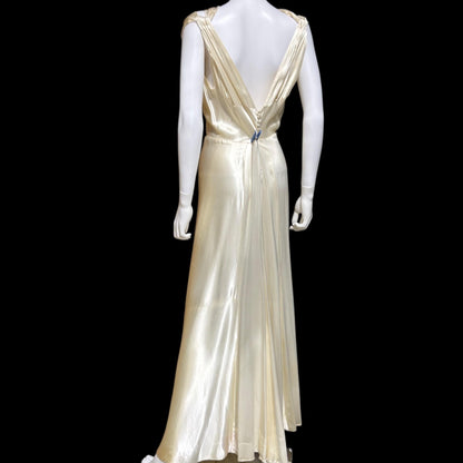 1930s vintage wedding dress, shimmering pearly vanilla liquid satin sheath gown, medium