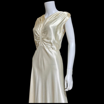 1930s vintage wedding dress, shimmering pearly vanilla liquid satin sheath gown, medium