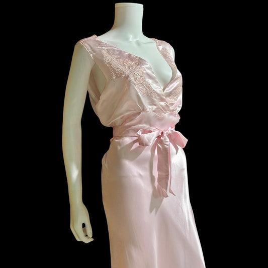 PEONY vintage Silk Nightgown Slip Dress, 1950s Embroidered Pink Lingerie dress, Large