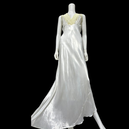 FORTY WINKS Vintage 1940s Nightgown Slip Dress, shiny white bias cut rayon lingerie dress