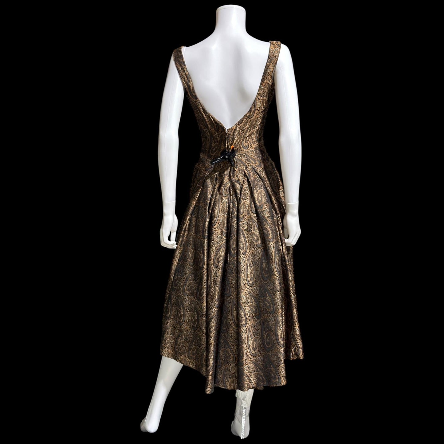ESTEVEZ GRENELLE vintage evening cocktail party dress, 1950s brown paisley damask high low dress