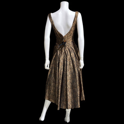 ESTEVEZ GRENELLE vintage evening cocktail party dress, 1950s brown paisley damask high low dress
