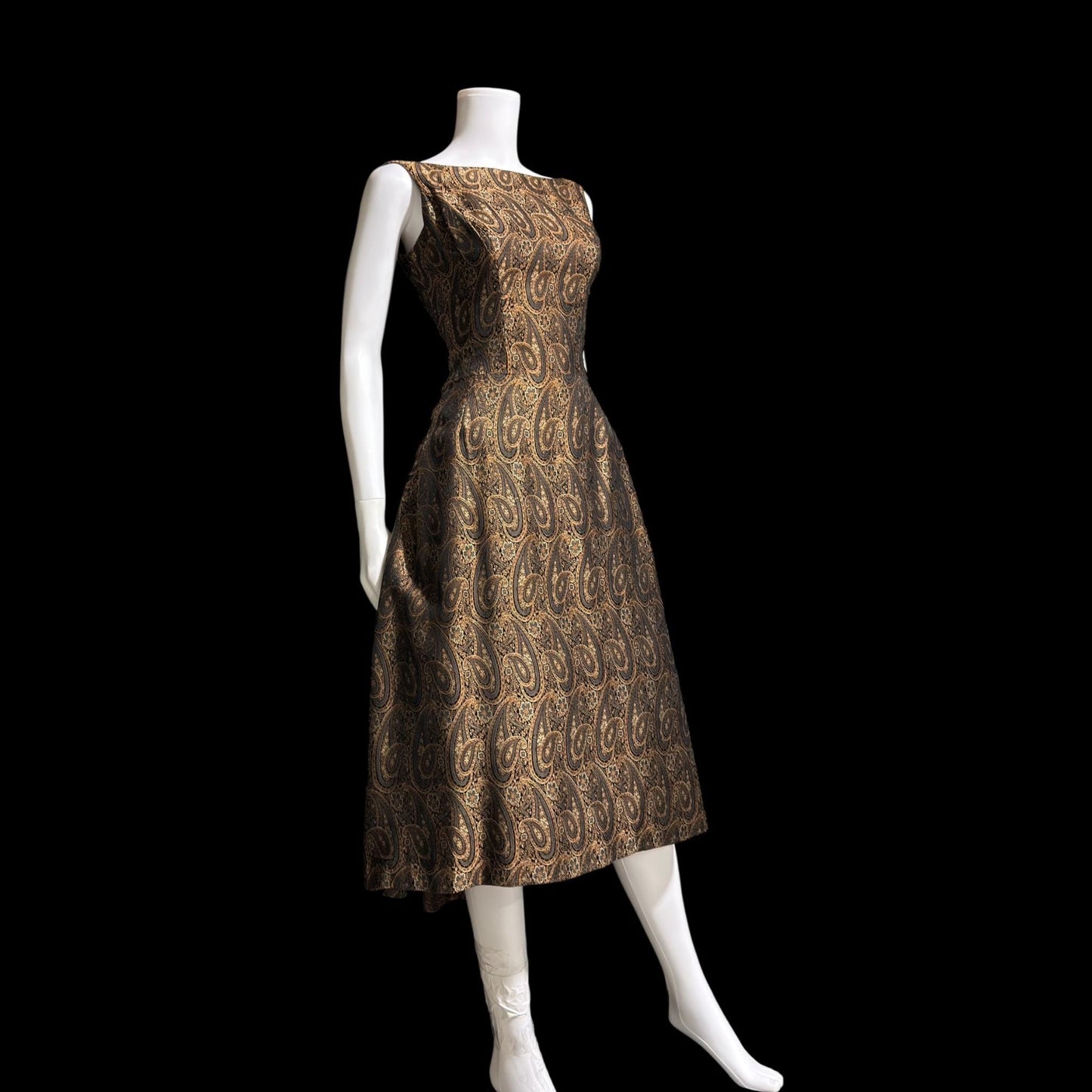 ESTEVEZ GRENELLE vintage evening cocktail party dress, 1950s brown paisley damask high low dress