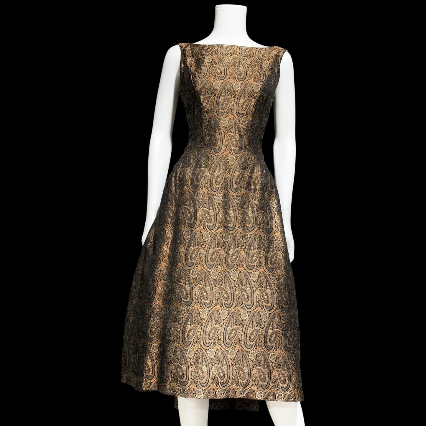 ESTEVEZ GRENELLE vintage evening cocktail party dress, 1950s brown paisley damask high low dress