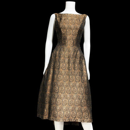 ESTEVEZ GRENELLE vintage evening cocktail party dress, 1950s brown paisley damask high low dress