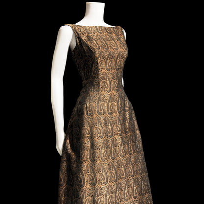 ESTEVEZ GRENELLE vintage evening cocktail party dress, 1950s brown paisley damask high low dress