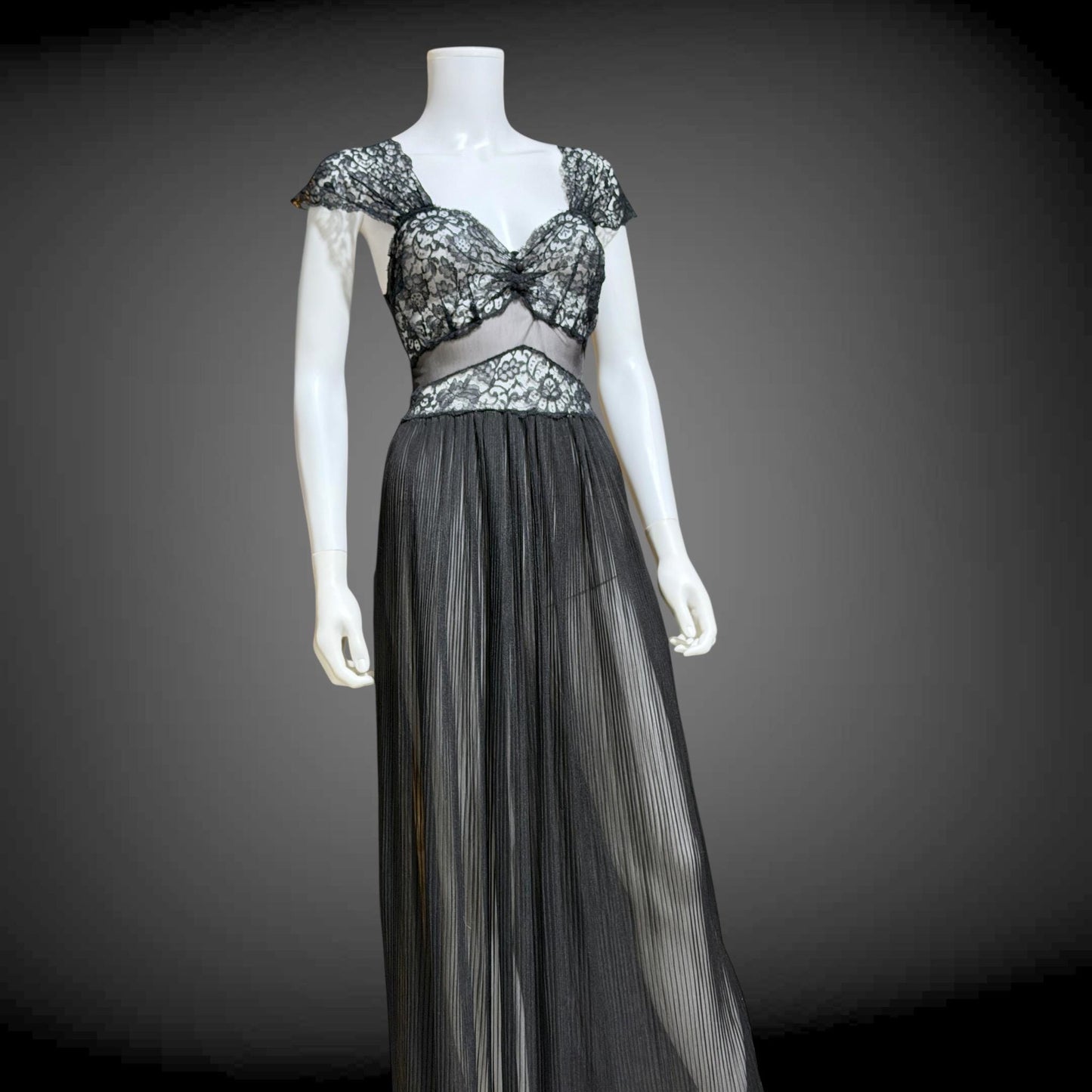 1940s vintage Nightgown Slip Dress, Sheer Black nylon and lace full length lingerie dress