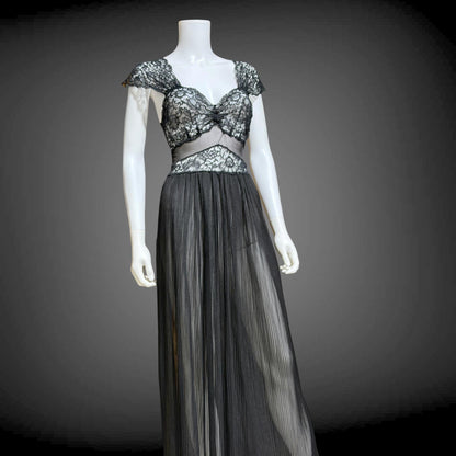 1940s vintage Nightgown Slip Dress, Sheer Black nylon and lace full length lingerie dress