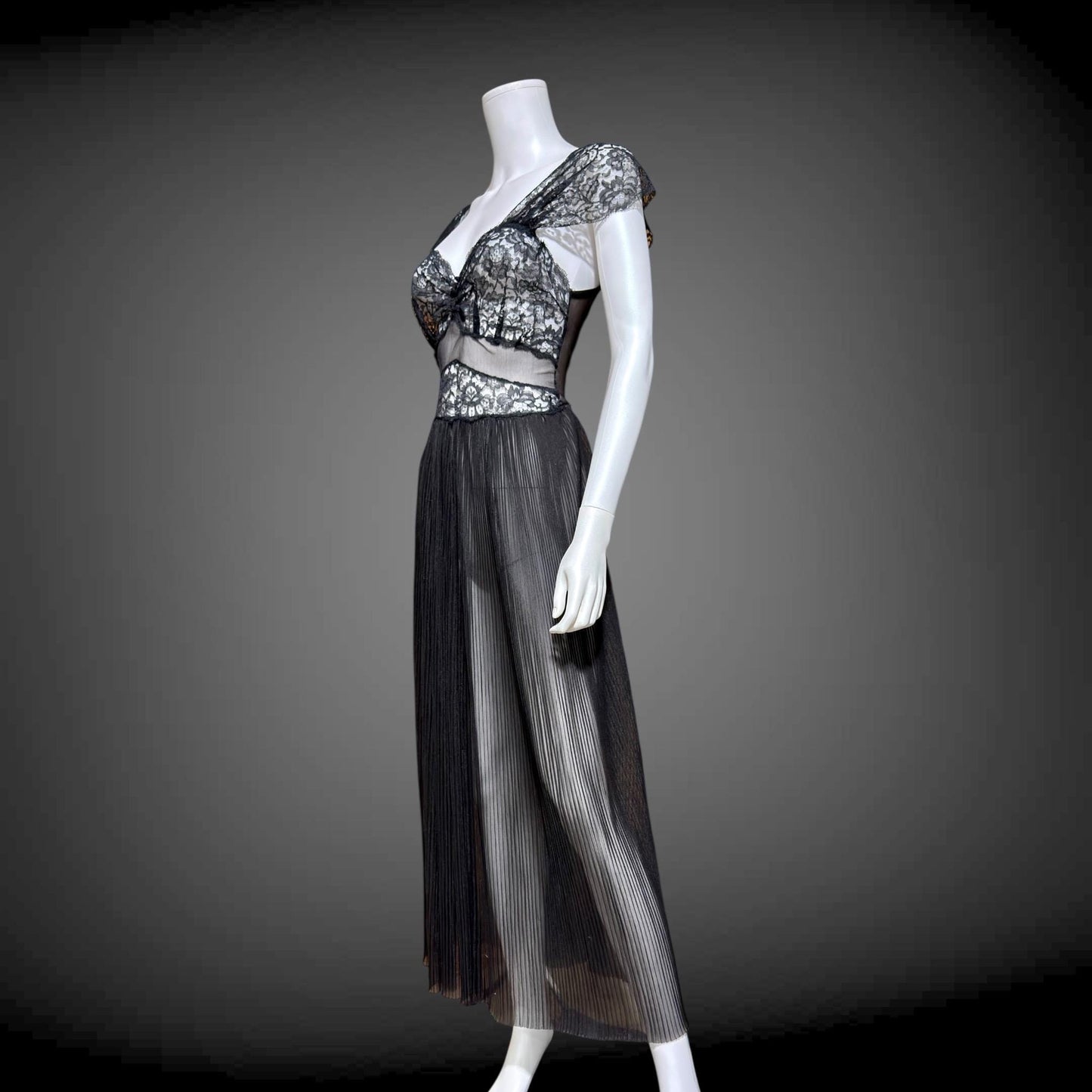 1940s vintage Nightgown Slip Dress, Sheer Black nylon and lace full length lingerie dress