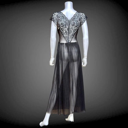 1940s vintage Nightgown Slip Dress, Sheer Black nylon and lace full length lingerie dress