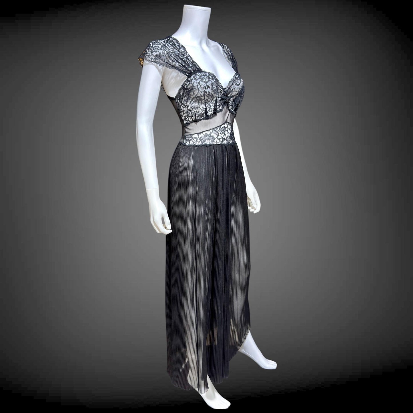 1940s vintage Nightgown Slip Dress, Sheer Black nylon and lace full length lingerie dress