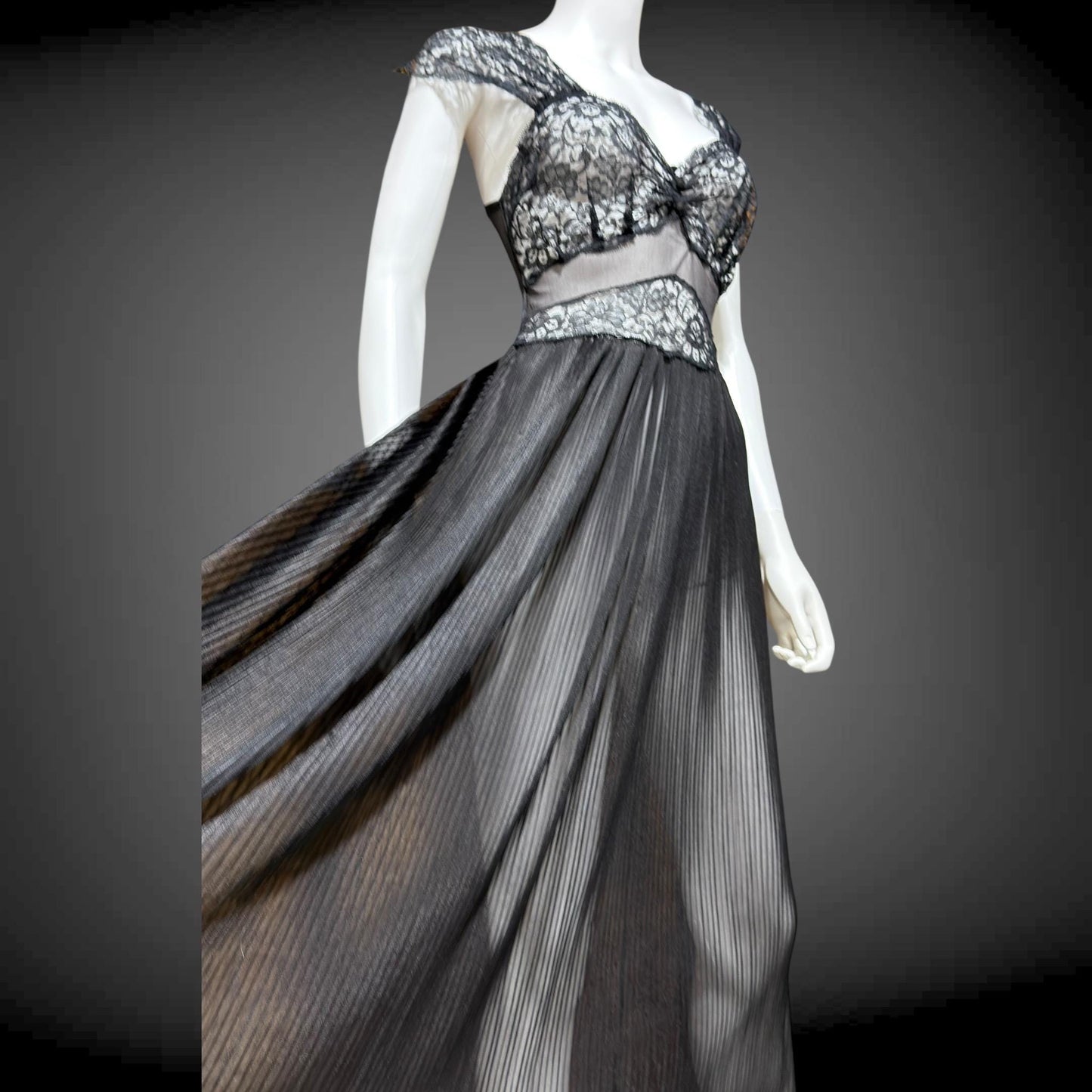 1940s vintage Nightgown Slip Dress, Sheer Black nylon and lace full length lingerie dress