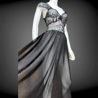 1940s vintage Nightgown Slip Dress, Sheer Black nylon and lace full length lingerie dress