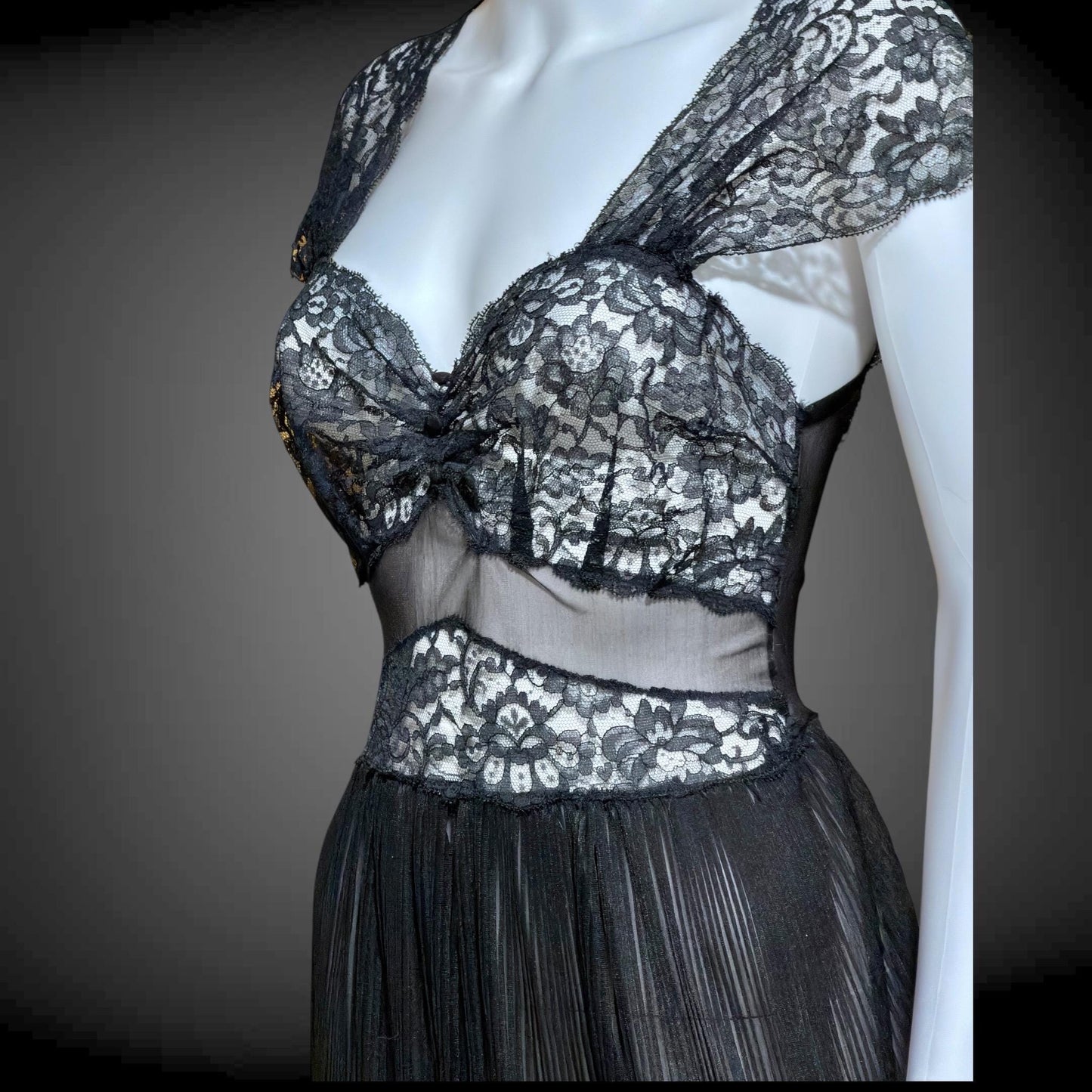 1940s vintage Nightgown Slip Dress, Sheer Black nylon and lace full length lingerie dress