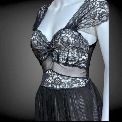 1940s vintage Nightgown Slip Dress, Sheer Black nylon and lace full length lingerie dress
