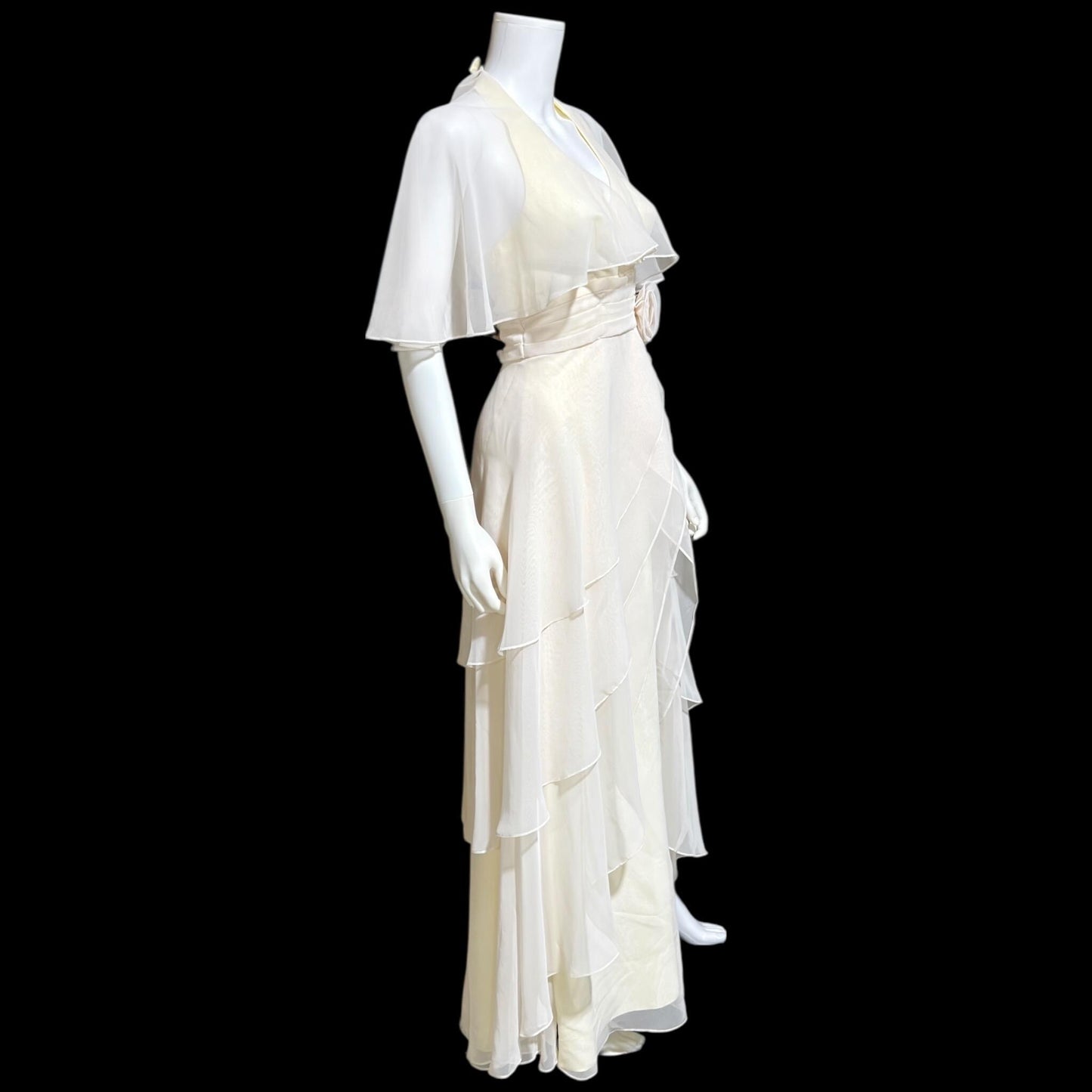 1970s vintage evening dress gown, Ruffle Cape Halter Chiffon Scarf Collar tiered Gown