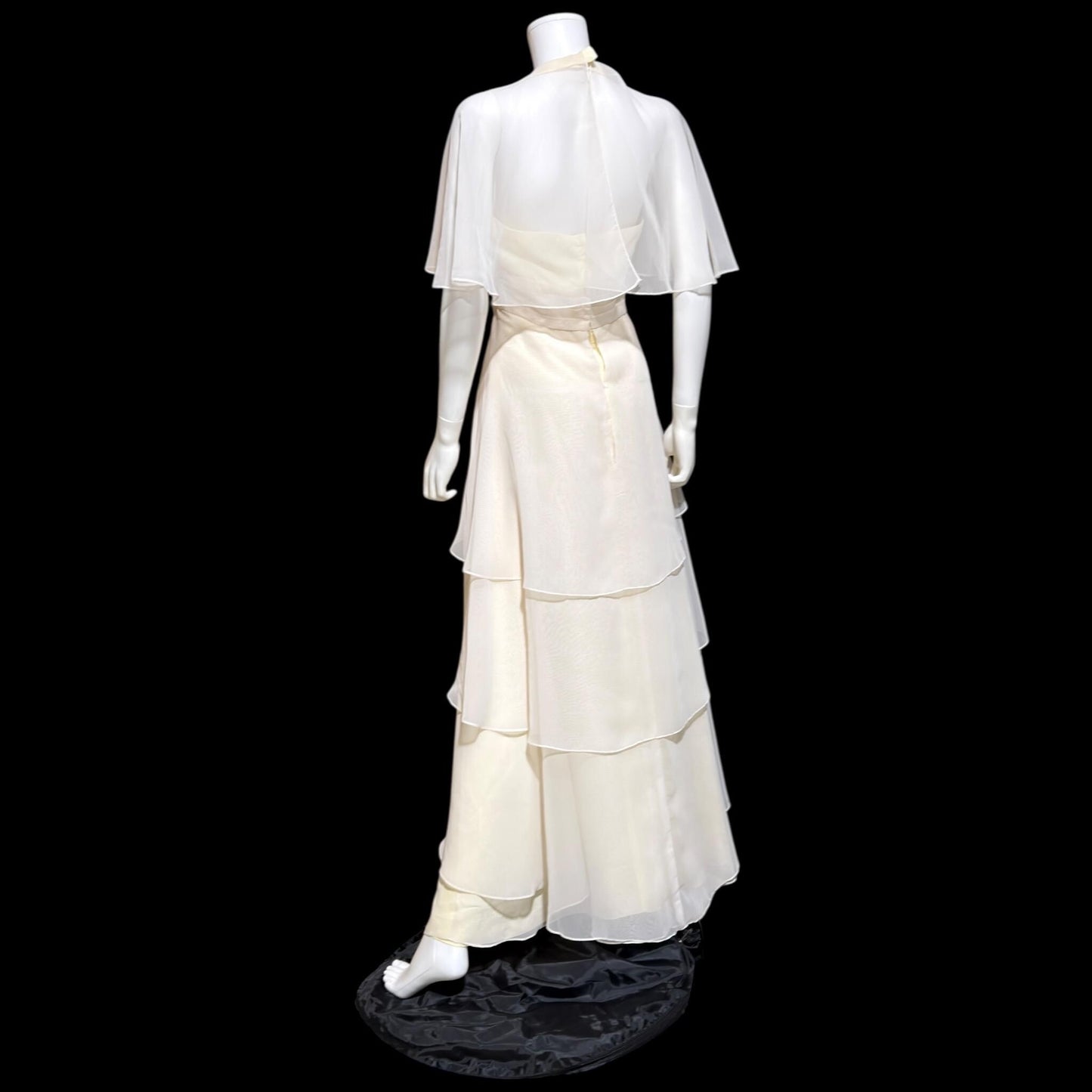 1970s vintage evening dress gown, Ruffle Cape Halter Chiffon Scarf Collar tiered Gown