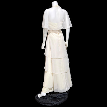1970s vintage evening dress gown, Ruffle Cape Halter Chiffon Scarf Collar tiered Gown