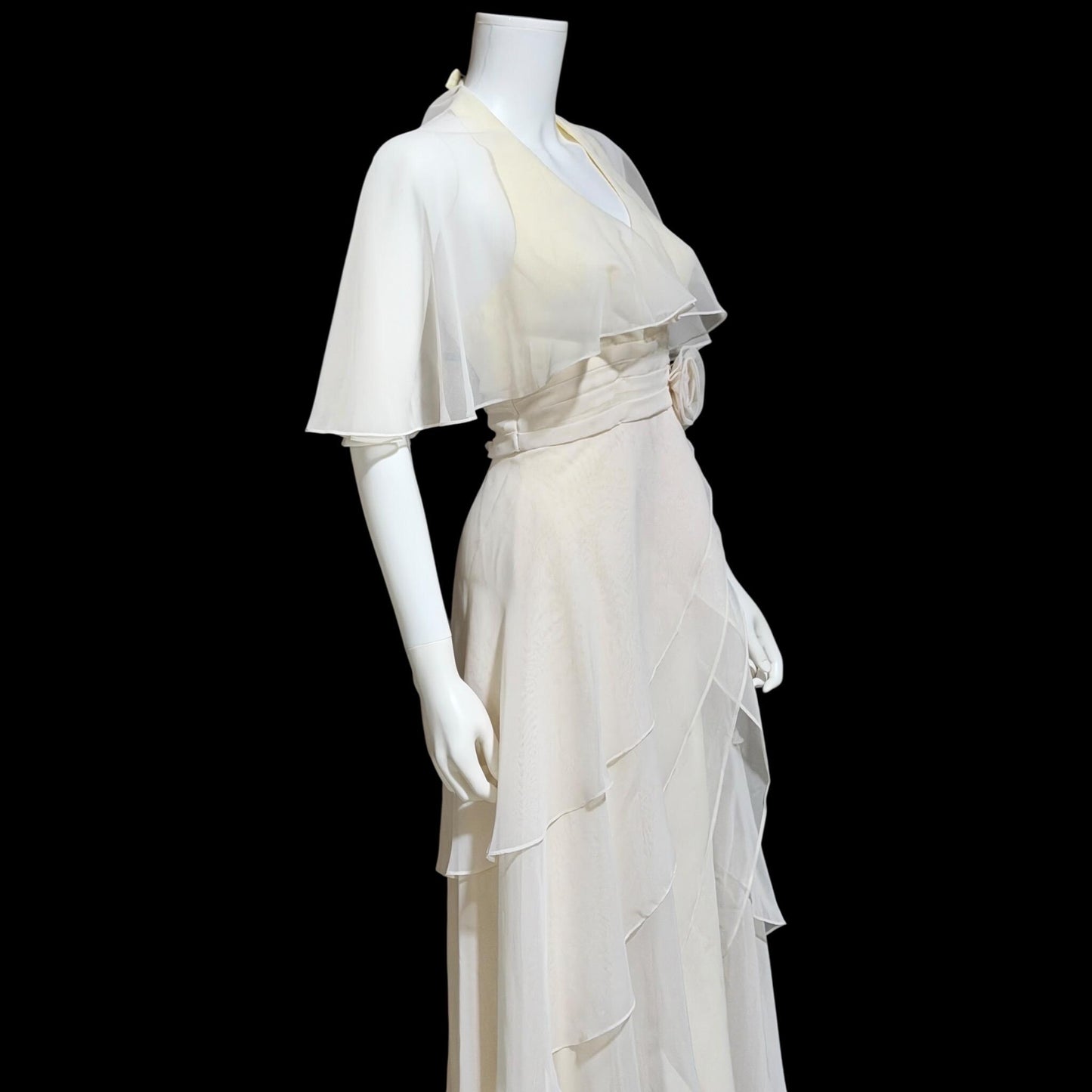 1970s vintage evening dress gown, Ruffle Cape Halter Chiffon Scarf Collar tiered Gown