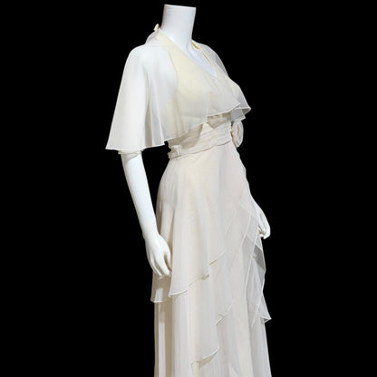 1970s vintage evening dress gown, Ruffle Cape Halter Chiffon Scarf Collar tiered Gown