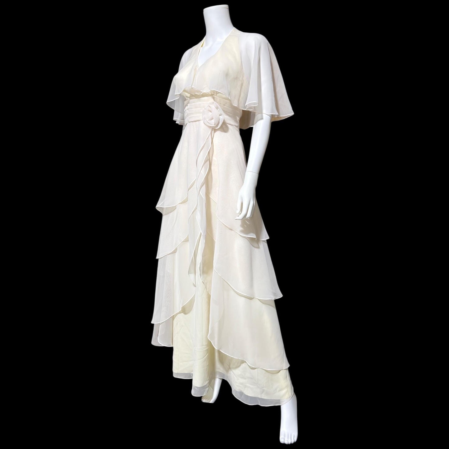 1970s vintage evening dress gown, Ruffle Cape Halter Chiffon Scarf Collar tiered Gown