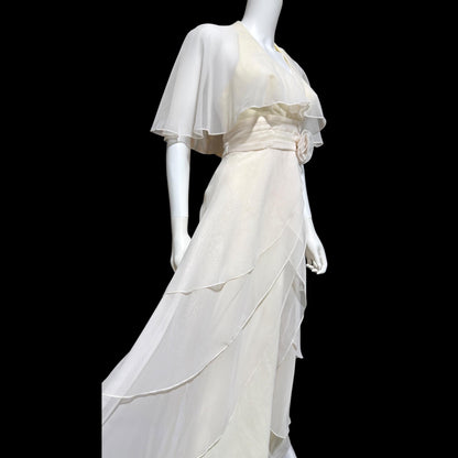 1970s vintage evening dress gown, Ruffle Cape Halter Chiffon Scarf Collar tiered Gown