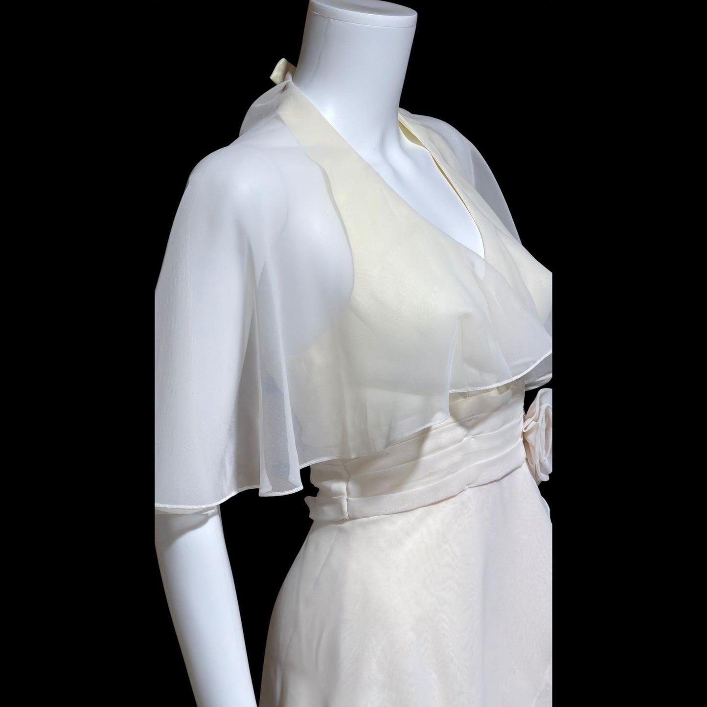 1970s vintage evening dress gown, Ruffle Cape Halter Chiffon Scarf Collar tiered Gown