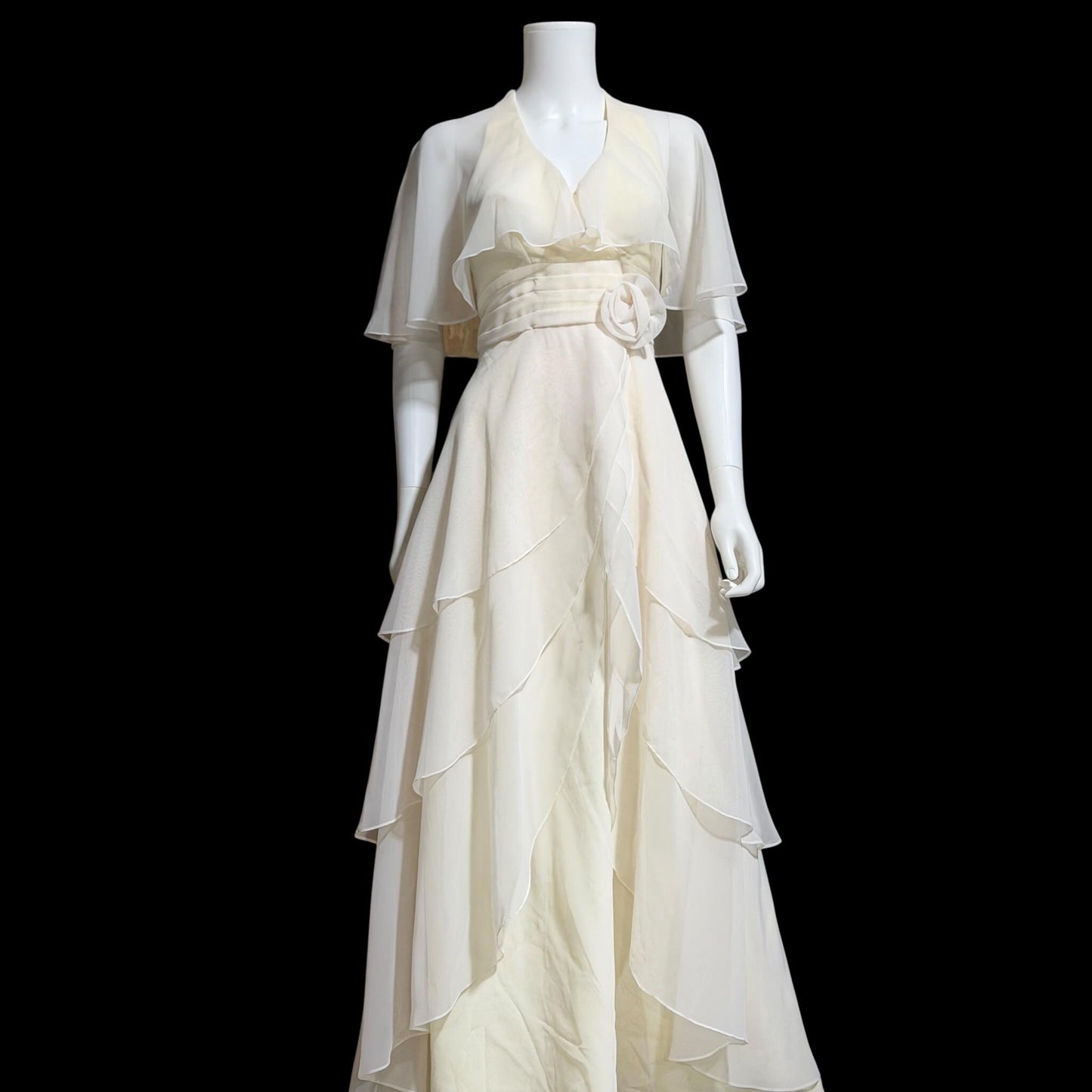 1970s vintage evening dress gown, Ruffle Cape Halter Chiffon Scarf Collar tiered Gown
