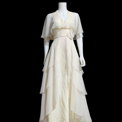 1970s vintage evening dress gown, Ruffle Cape Halter Chiffon Scarf Collar tiered Gown