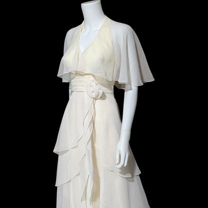1970s vintage evening dress gown, Ruffle Cape Halter Chiffon Scarf Collar tiered Gown