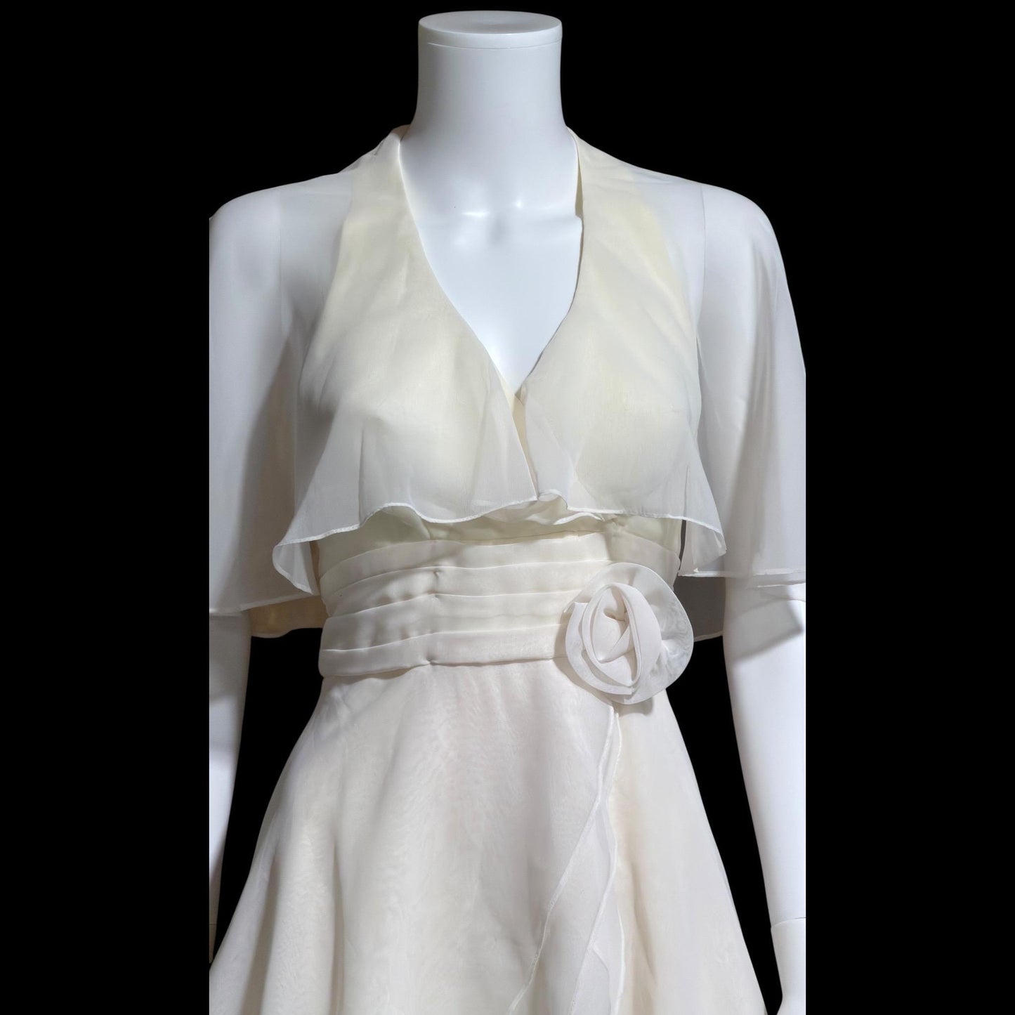 1970s vintage evening dress gown, Ruffle Cape Halter Chiffon Scarf Collar tiered Gown