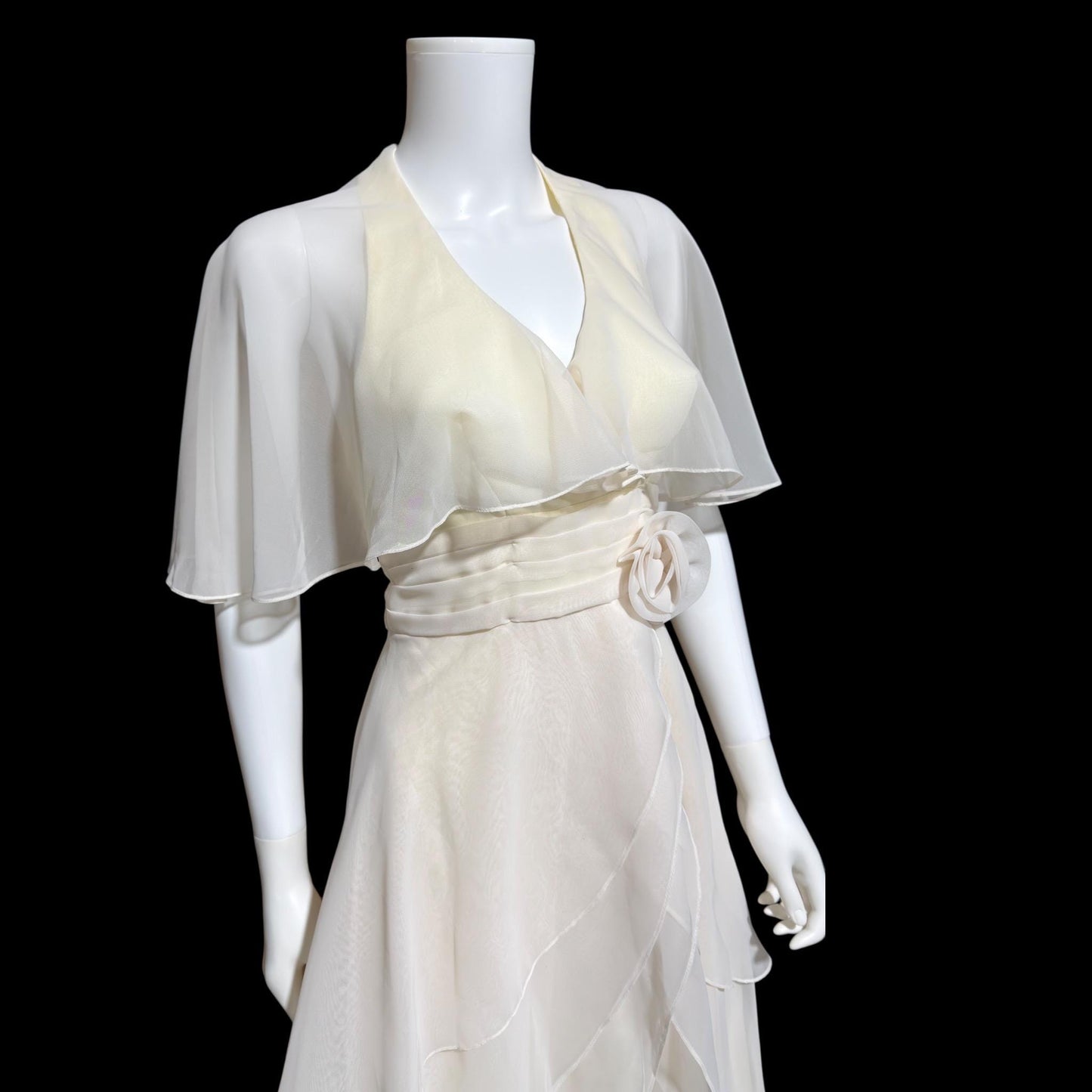 1970s vintage evening dress gown, Ruffle Cape Halter Chiffon Scarf Collar tiered Gown