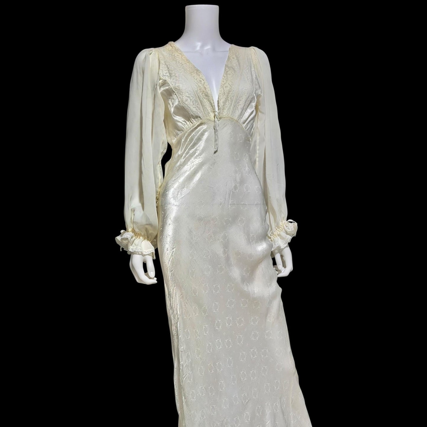 FEMICRAFT vintage 1930s nightgown dress, shimmering pearly white liquid satin sheath lingerie gown