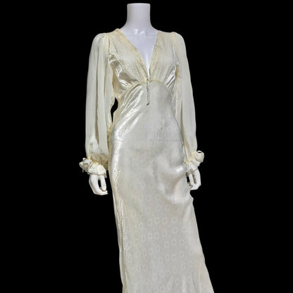 FEMICRAFT vintage 1930s nightgown dress, shimmering pearly white liquid satin sheath lingerie gown