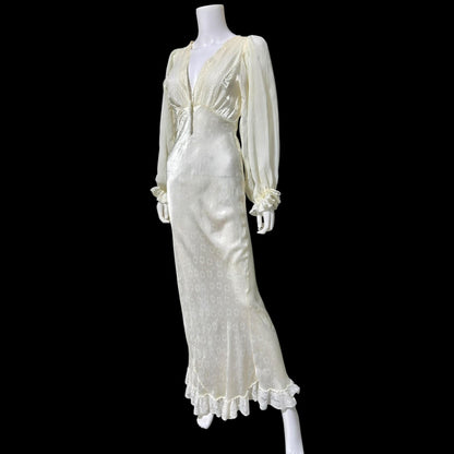FEMICRAFT vintage 1930s nightgown dress, shimmering pearly white liquid satin sheath lingerie gown