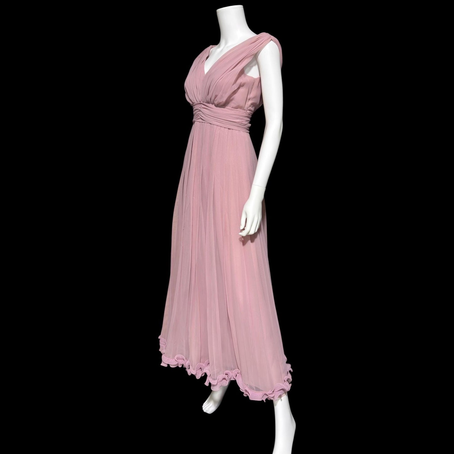 1960s vintage evening gown dress, dusty orchid pleated chiffon cocktail party dress