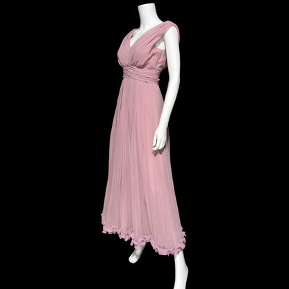 1960s vintage evening gown dress, dusty orchid pleated chiffon cocktail party dress