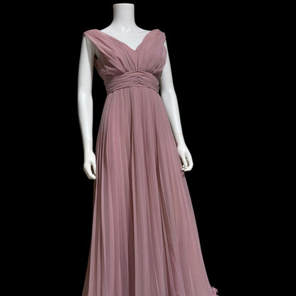 1960s vintage evening gown dress, dusty orchid pleated chiffon cocktail party dress