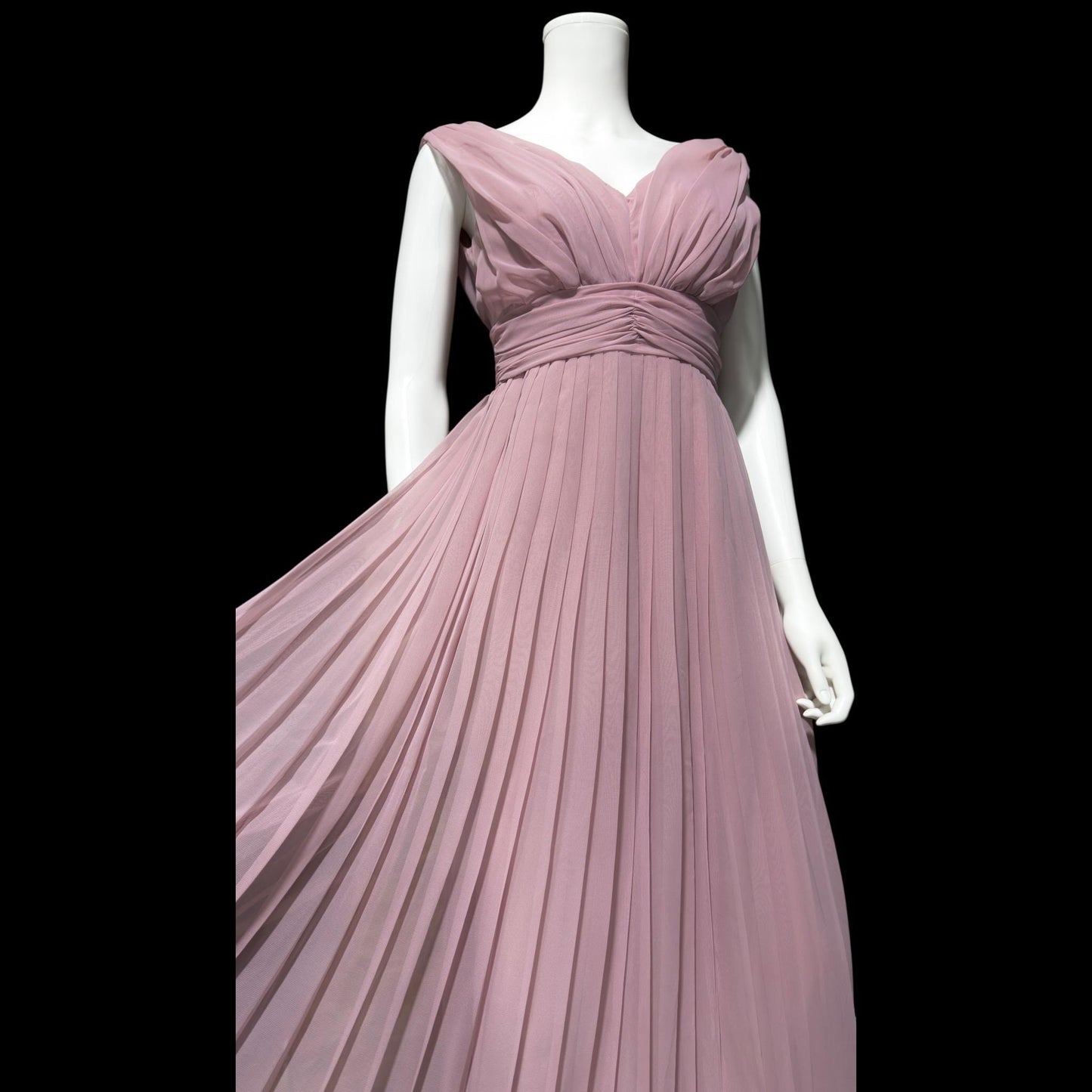 1960s vintage evening gown dress, dusty orchid pleated chiffon cocktail party dress