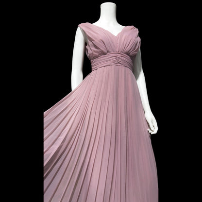 1960s vintage evening gown dress, dusty orchid pleated chiffon cocktail party dress