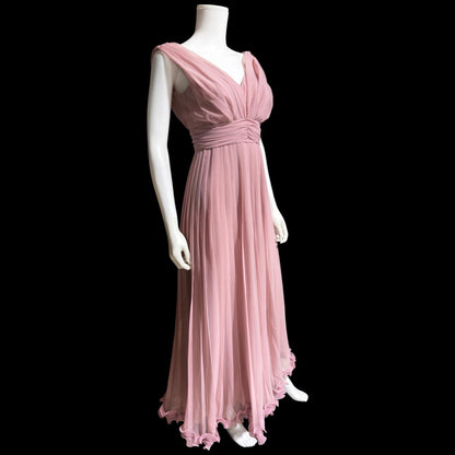 1960s vintage evening gown dress, dusty orchid pleated chiffon cocktail party dress